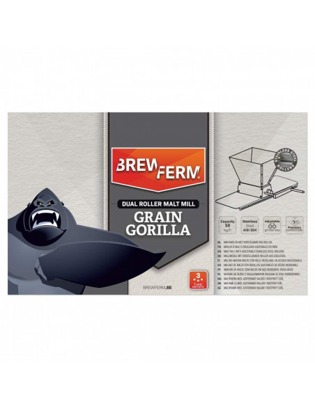 Brasser sa propre bière : Moulin à malt Brewferm Gorilla à rouleaux ajustables en inox - 110.029.6 Brasser sa propre bière : Moulin à malt Brewferm Gorilla à rouleaux ajustables en inox - 110.029.6