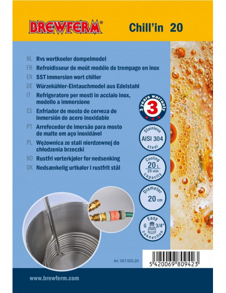 Brasser sa propre bière : Brewferm Chill'in 20 refroidisseur de moût en inox - 057.020.20