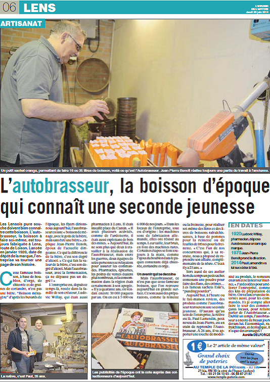 Copie de l’article paru dans L’Avenir de l’Artois le 26 juin 2014, intitulé « L’Autobrasseur, la boisson d’époque qui connaît une seconde jeunesse ».